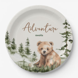 Adventure awaits cute forest bear baby shower paper plate