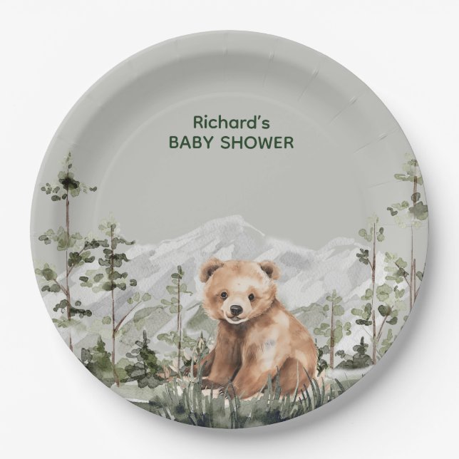 Adventure awaits cute forest bear baby shower paper plate (Front)