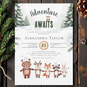Adventure Awaits Cute Woodland Winter Baby Shower Invitation