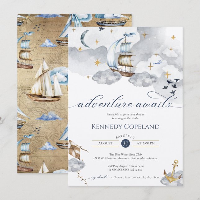 Adventure Awaits Dreamy Nautical Ship Baby Shower Invitation (Front/Back)