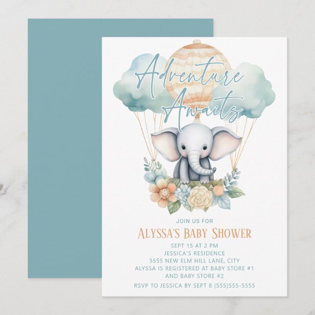 Adventure Awaits Elephant Hot Air Balloon Blue Boy Invitation (Front/Back)