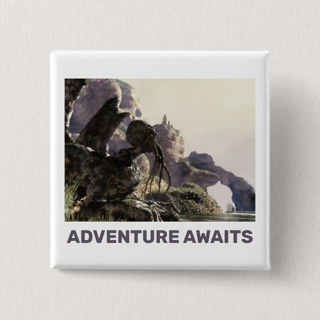 Adventure Awaits. Fantasy landscape 15 Cm Square Badge (Front)