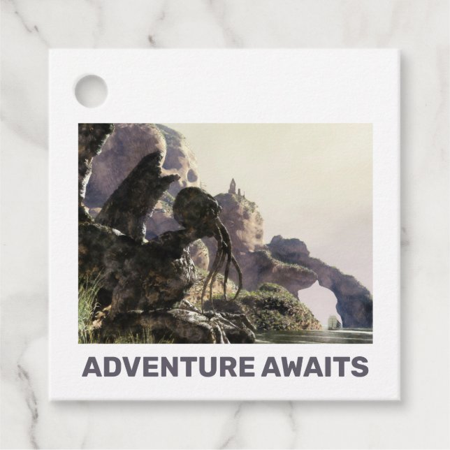 Adventure Awaits. Fantasy landscape Favour Tags (Front)