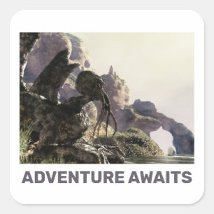 Adventure Awaits. Fantasy landscape Square Sticker