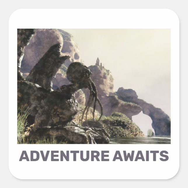 Adventure Awaits. Fantasy landscape Square Sticker (Front)