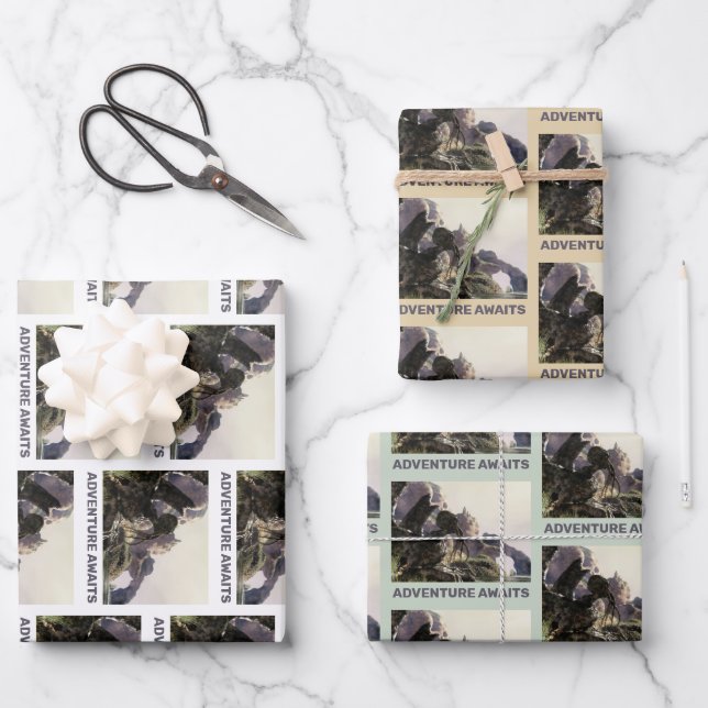 Adventure Awaits. Fantasy landscape Wrapping Paper Sheet (Front)