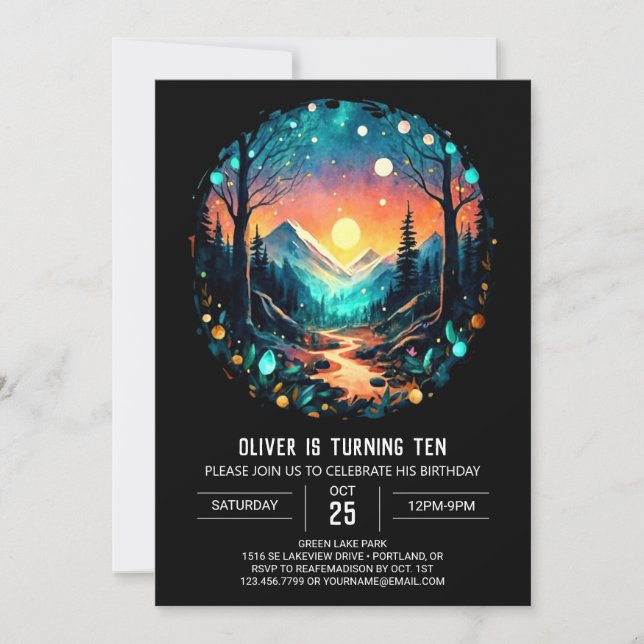 Adventure Awaits Fireflies Into the Woods Birthday Invitation (Front)