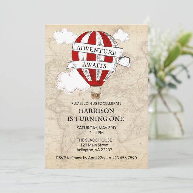 Adventure Awaits First Birthday Invitation – Vinta (Standing Front)
