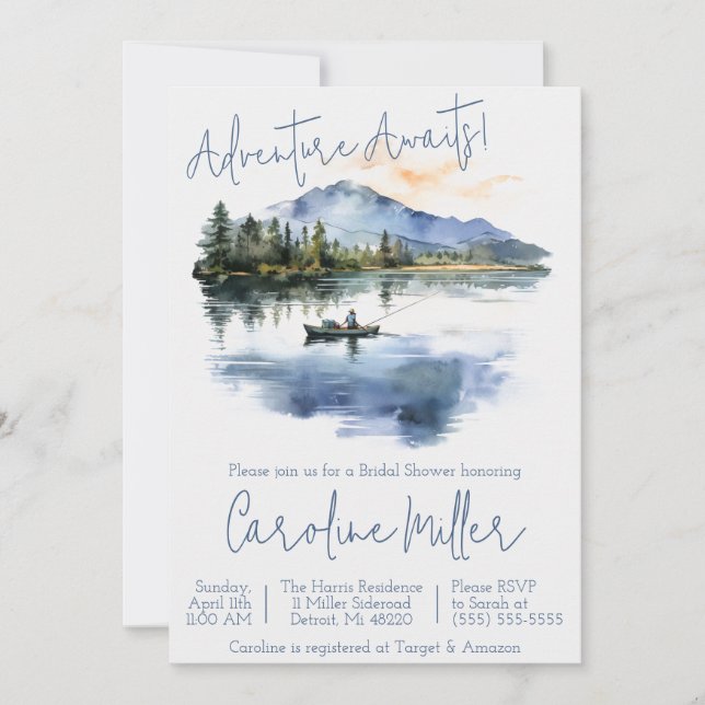 Adventure Awaits! Fishing, Mountains Bridal Shower Invitation (Front)