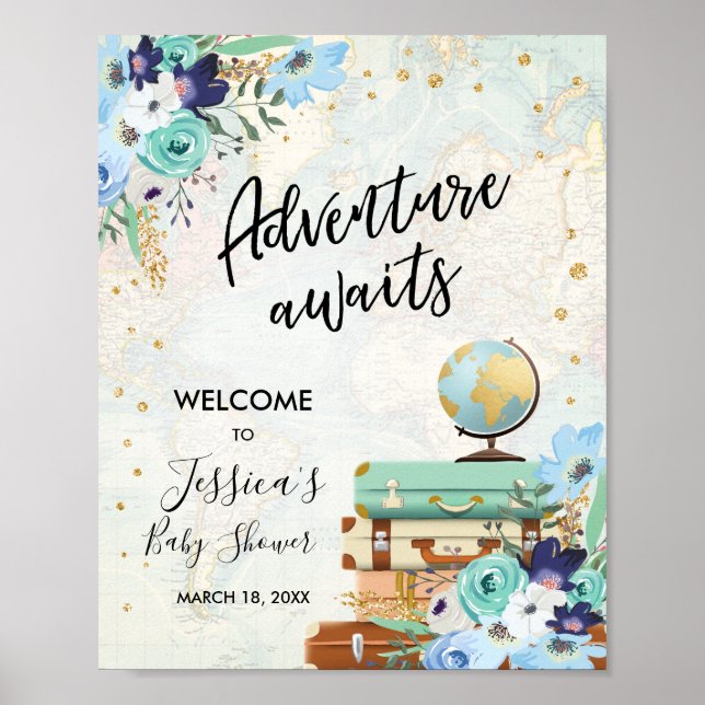 Adventure Awaits Floral Baby Shower Welcome Sign (Front)