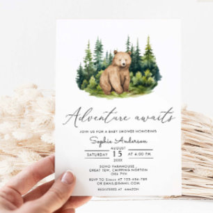 Adventure Awaits Forest Bear Modern Baby Shower Invitation