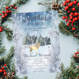 Adventure Awaits Forest Gold Deer Blue Retirement Invitation