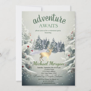 Adventure Awaits Forest Gold Reindeer Retirement Invitation