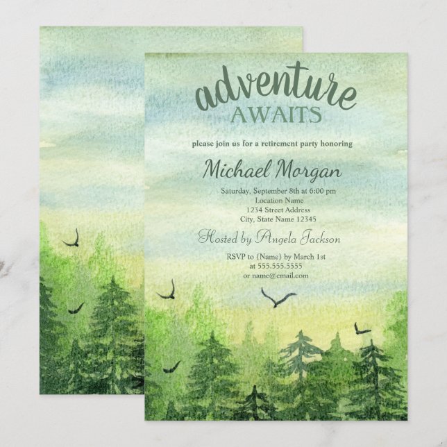Adventure Awaits Forest Mountains Birds Retirement Invitation (Front/Back)