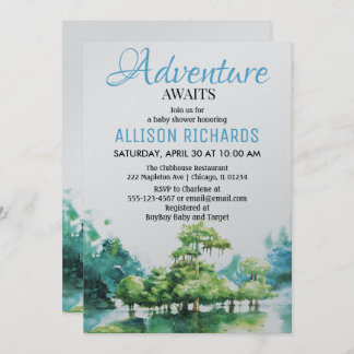 Adventure awaits forest water baby shower invitation