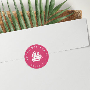 Adventure Awaits Fuchsia and White Ship Classic Round Sticker