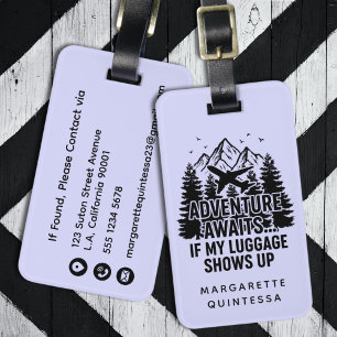 Adventure Awaits Funny Lavender & Black Typography Luggage Tag