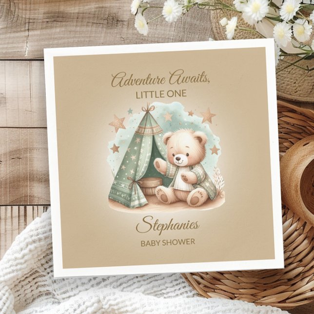 Adventure Awaits Gender Neutral Bear Baby Napkin (Teddy bear "Adventure Awaits" baby shower paper napkins)