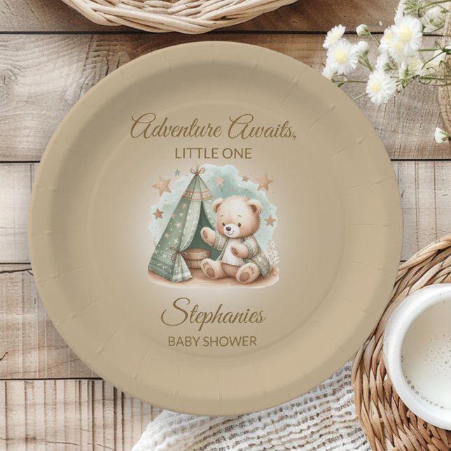 Adventure Awaits Gender Neutral Bear Baby Paper Plate (Teddy bear "Adventure Awaits" baby shower paper plate)
