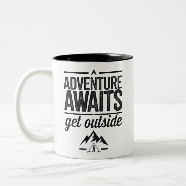 Adventure Awaits Get Outside Typography Design Two-Tone Coffee Mug (Left)