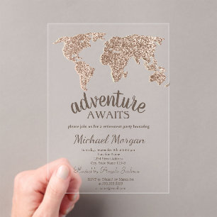 Adventure Awaits Glitter World Map Retirement Acrylic Invitations