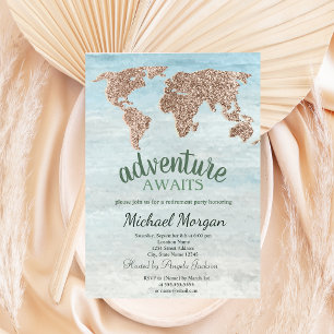 Adventure Awaits Glitter World Map Retirement Invitation