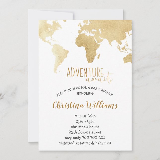 Adventure Awaits Gold Foil World Map Baby Shower Invitation (Front)