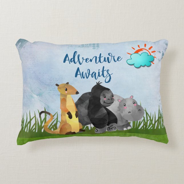 Adventure Awaits - Gorilla Hippo and Meerkat Decorative Cushion (Front)