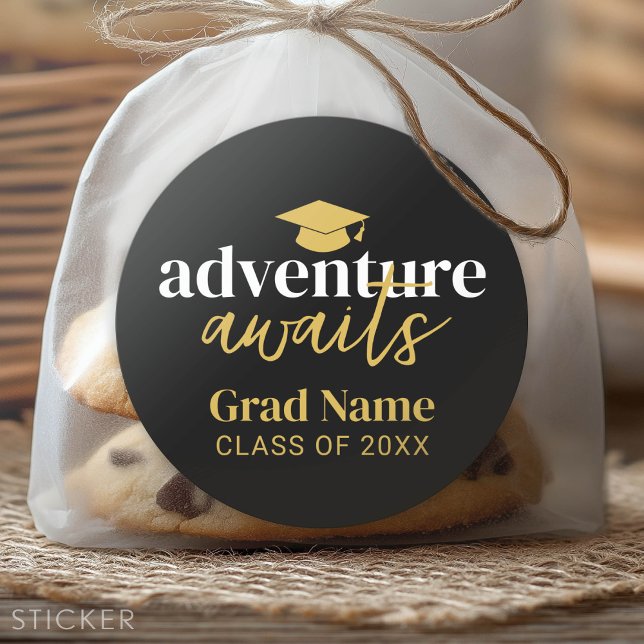 Adventure Awaits - Grad Name and Cap - Black Gold Classic Round Sticker (Custom Graduation Sticker - Favor Stickers or Envelope Label)