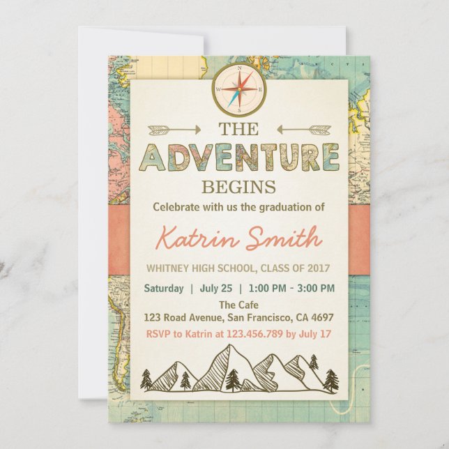 Adventure awaits Graduation invitation Travel Map (Front)