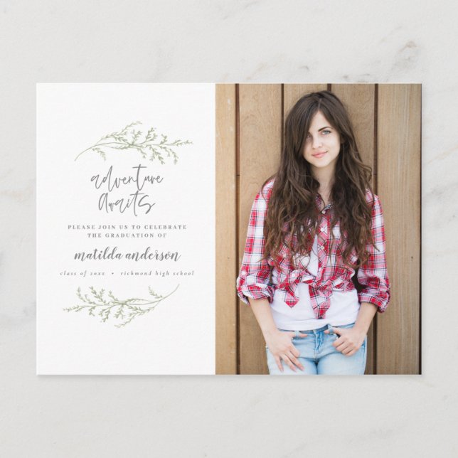 Adventure awaits graduation party photo invitation (Front)