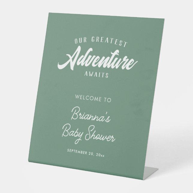 Adventure Awaits Green Welcome Baby Shower Pedestal Sign (Front)