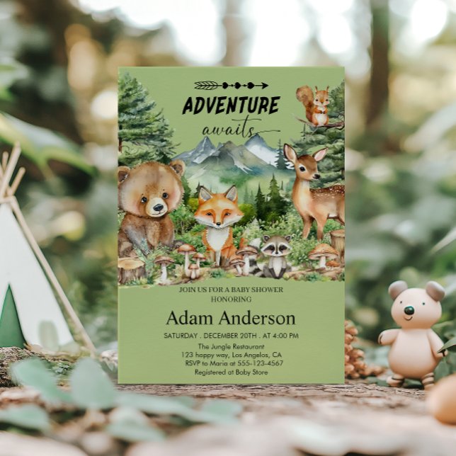 Adventure Awaits Green Woodland Baby Shower  Invitation (Creator Uploaded)