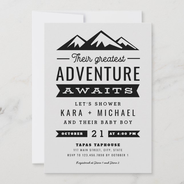 Adventure Awaits Grey Baby Shower Invitation (Front)