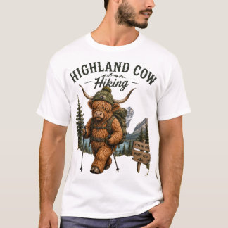 Adventure Awaits: Highland Cow Hiking Graphic Desi T-Shirt