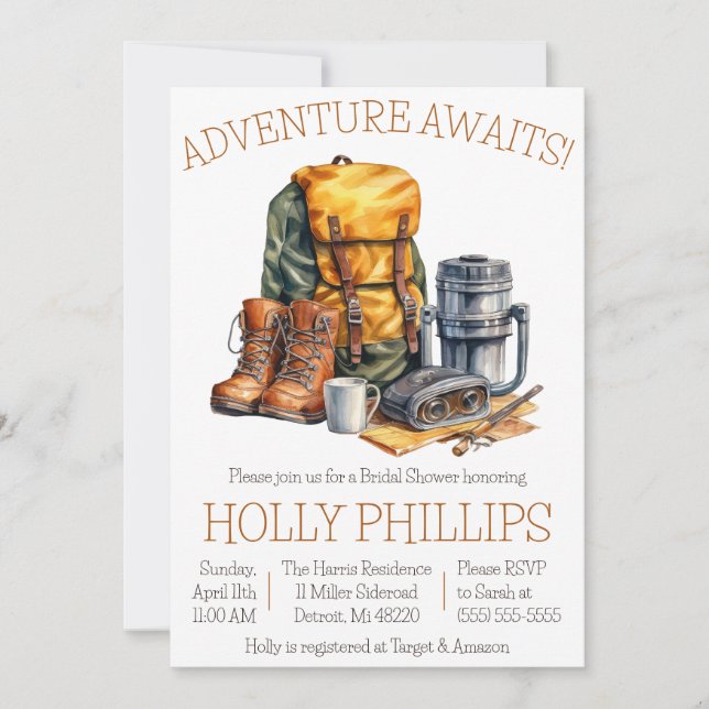 Adventure Awaits! Hiking, Camping, Bridal Shower Invitation (Front)
