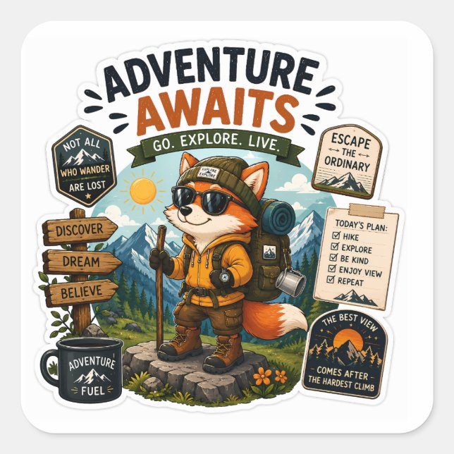 Adventure Awaits – Hiking Fox Explorer Square Sticker (Front)