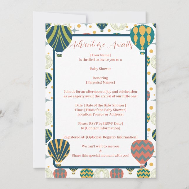 Adventure Awaits Hot Air Balloon Baby Shower Invitation (Front)