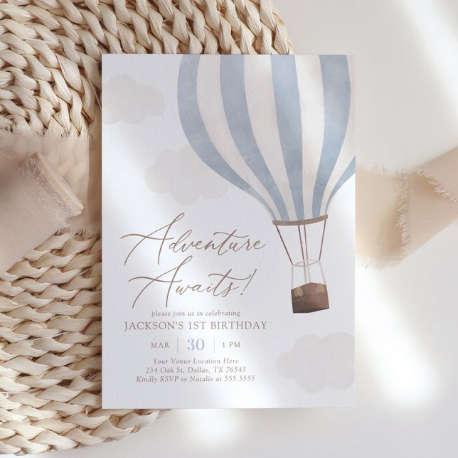 Adventure Awaits Hot Air Balloon Boy 1st Birthday Invitation (Creator Uploaded)