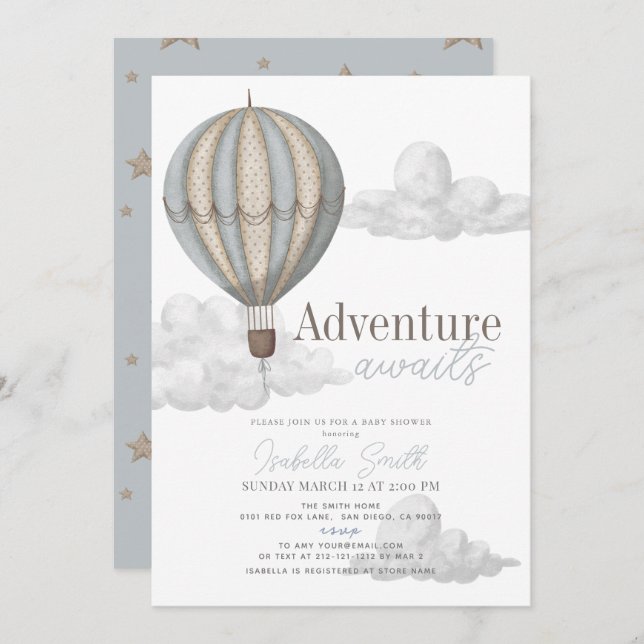 Adventure Awaits Hot Air Balloon Boy Baby Shower Invitation (Front/Back)
