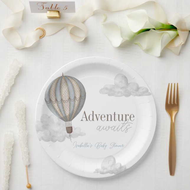 Adventure Awaits Hot Air Balloon Boy Baby Shower Paper Plate (Wedding)
