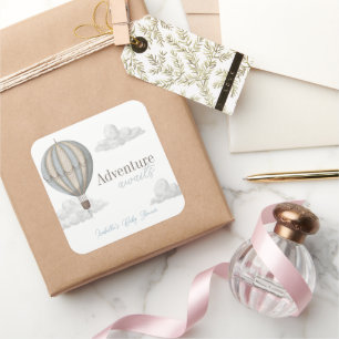 Adventure Awaits Hot Air Balloon Boy Baby Shower Square Sticker
