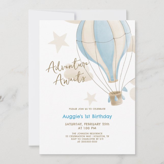 Adventure Awaits Hot Air Balloon Boys 1st Birthday Invitation (Front)