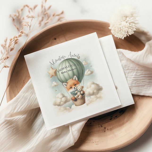 Adventure Awaits Hot Air Balloon Fox Baby Shower Napkin (Creator Uploaded)