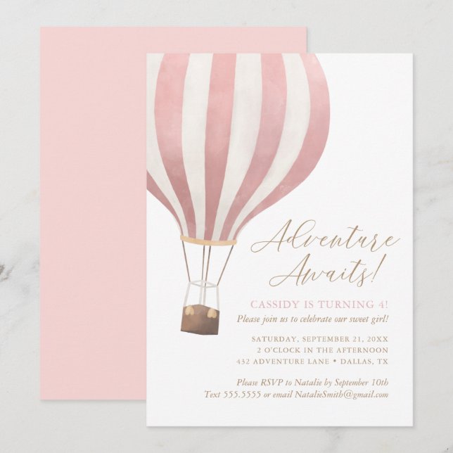 Adventure Awaits Hot Air Balloon Girl Birthday Invitation (Front/Back)