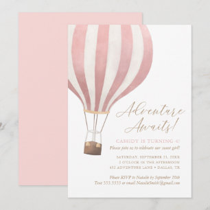 Adventure Awaits Hot Air Balloon Girl Birthday Invitation
