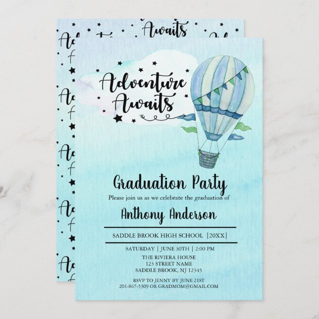 Adventure Awaits Hot Air Balloon Graduation Party Invitation (Front/Back)