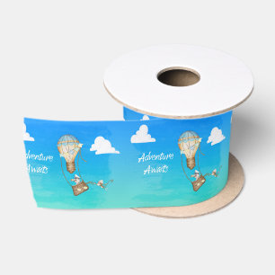 Adventure Awaits Hot Air Balloon Monkey Animals   Satin Ribbon