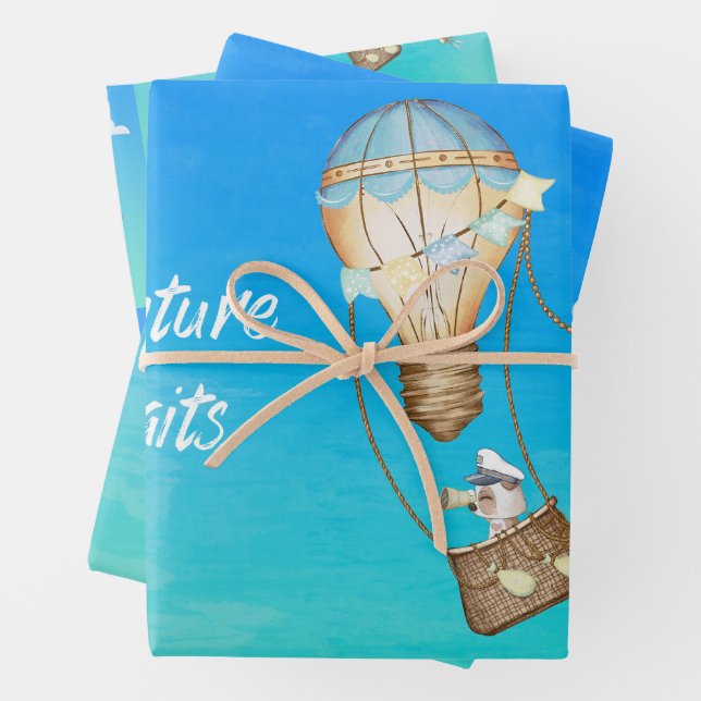 Adventure Awaits Hot Air Balloon Monkey Animals   Wrapping Paper Sheet (In situ)