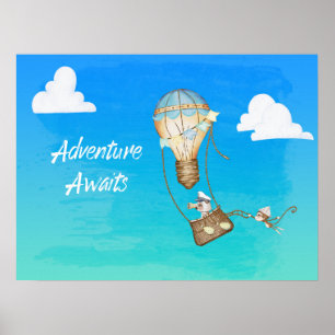 Adventure Awaits Hot Air Balloon Monkey  Poster